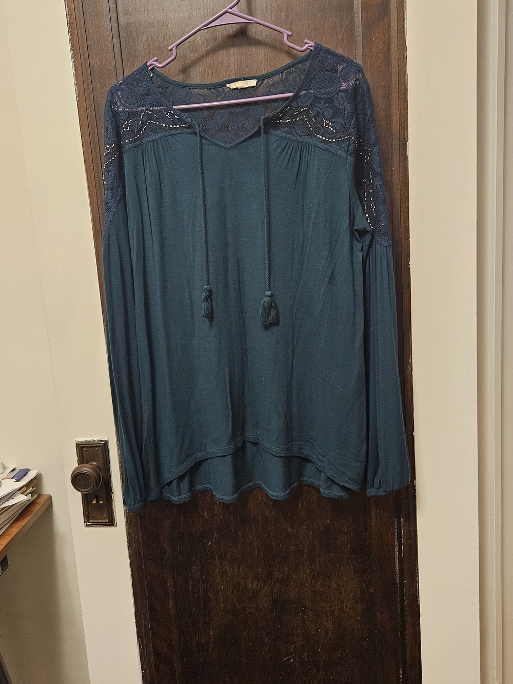 Womens Teal Lace-Yoke Long Sleeve Skirt